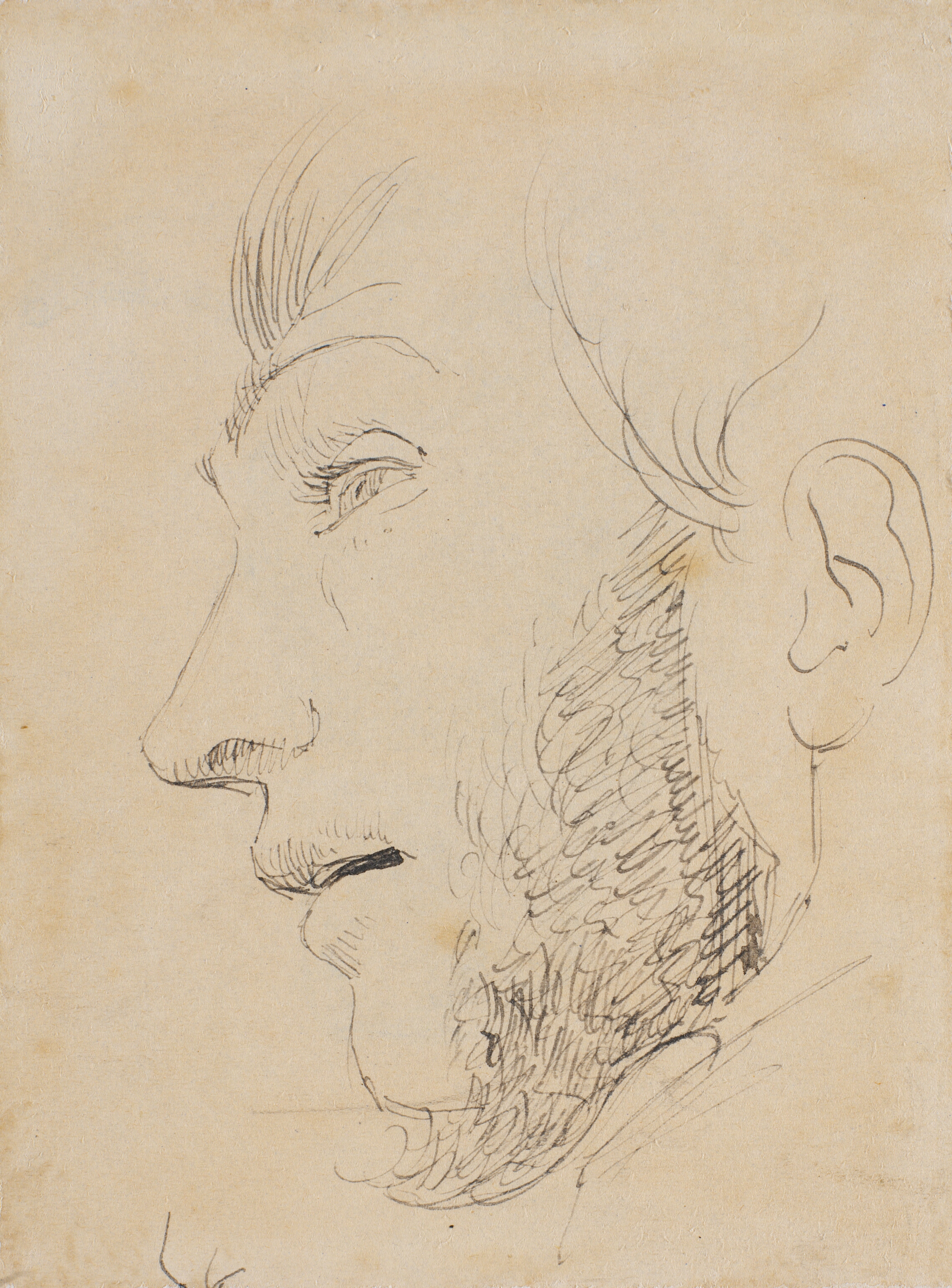 Mandsportræt i profil mod venstre, set nedefra